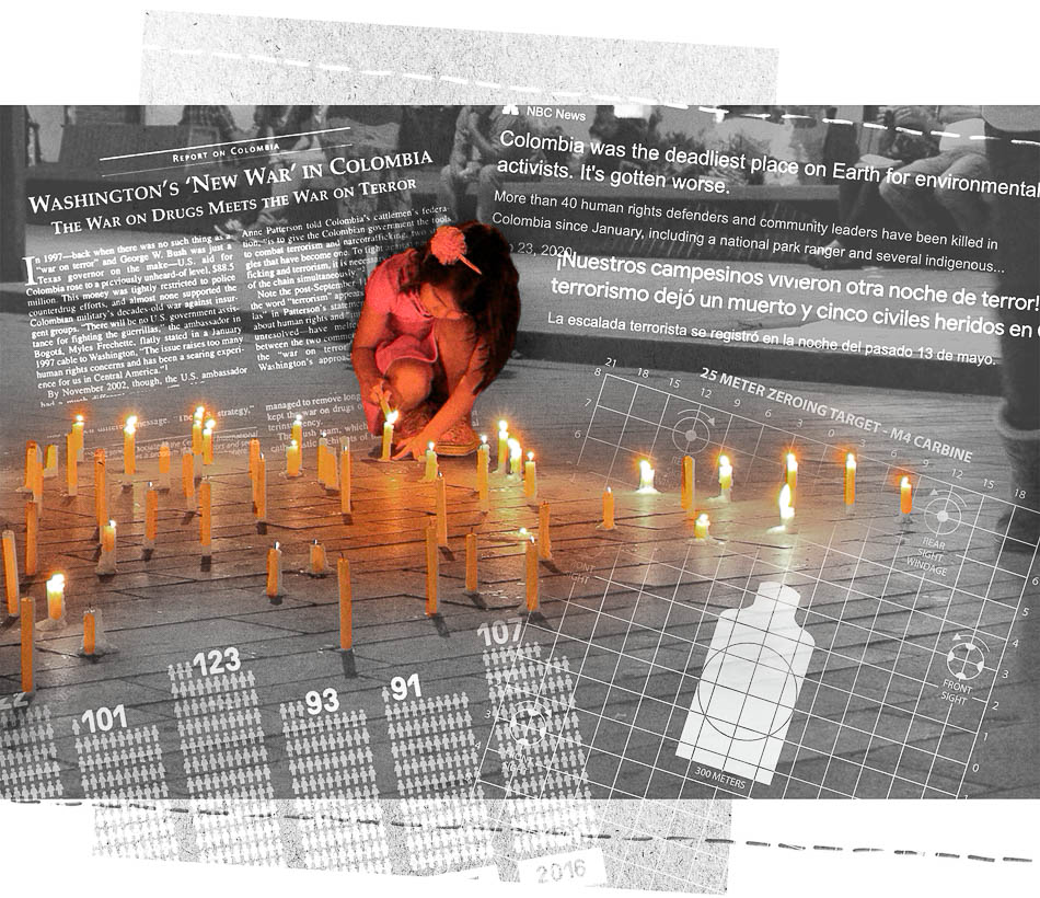 Photograph (PUPSOC), Popayán, Cauca (2020): tribute to victims of police repression in the 2019 uprising.