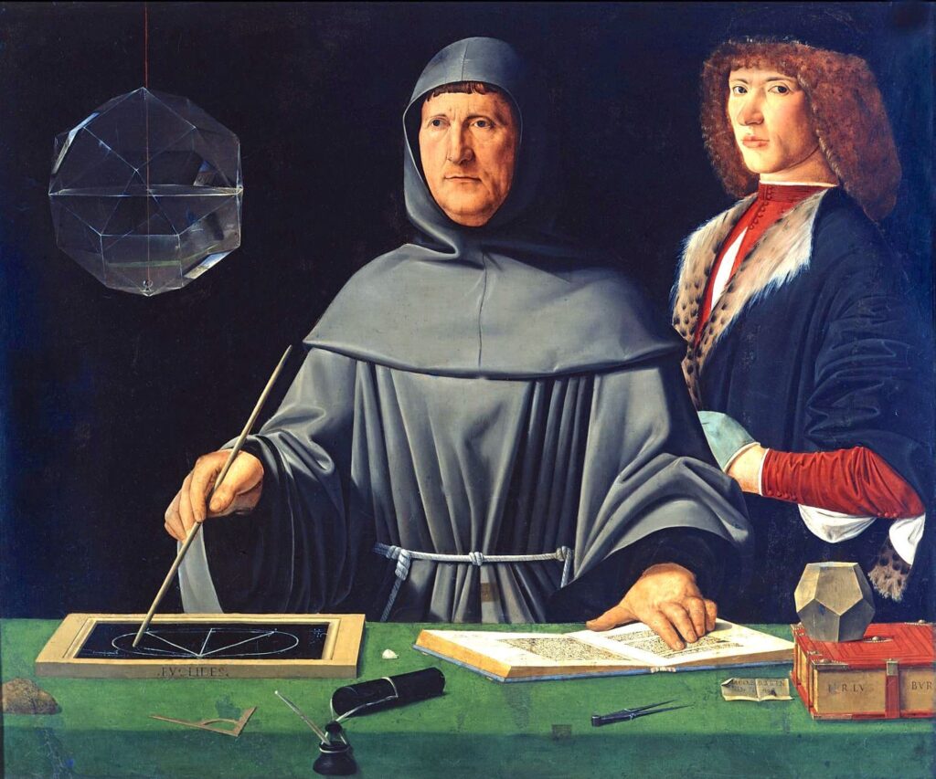 Attributed to Jacopo de’ Barbari (Italy), Portrait of Fra Luca Pacioli with a Pupil, 1495–1500.